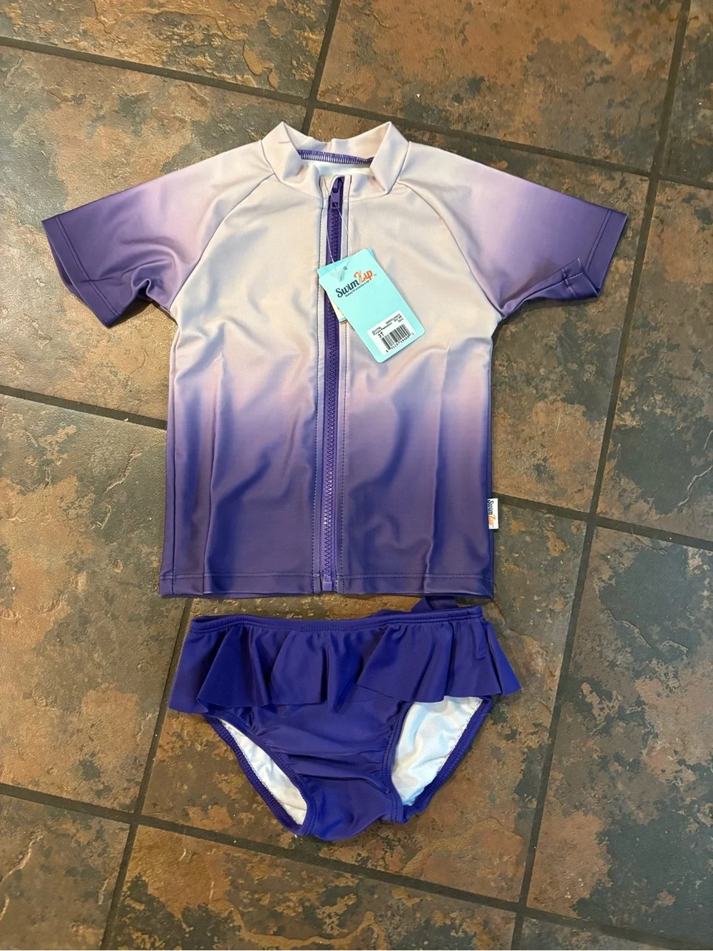 🌿Girls' Purple Ombre Rash Guard Set - Short Sleeve Zip Front swim bathing suit